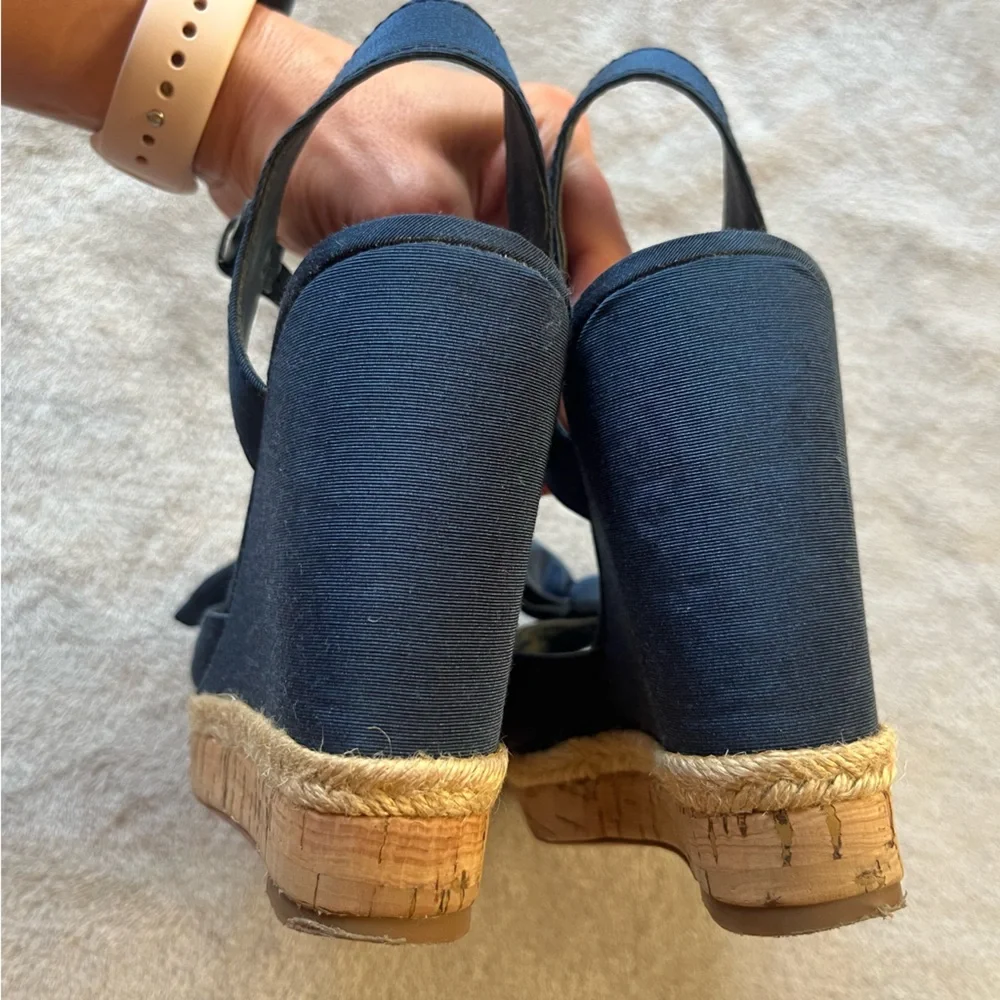 Tory Burch Blue Canvas and Leather Espadrille Wedge Ankle Strap Sandals